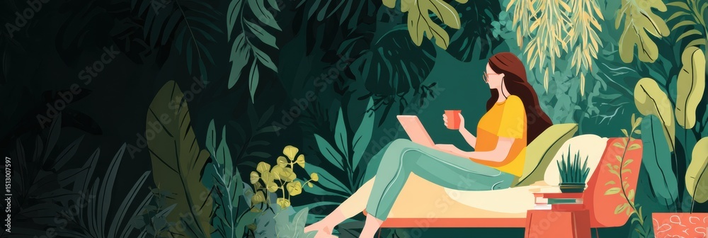 Poster remote work in a tranquil garden setting featuring a person using a tablet and enjoying nature durin