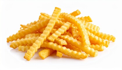 Pile of crinkle cut fries golden brown isolated on white background
