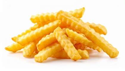 Pile of crinkle cut fries golden brown isolated on white background