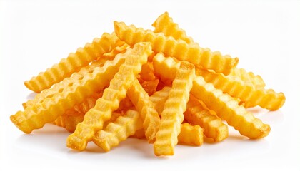 Pile of crinkle cut fries golden brown isolated on white background