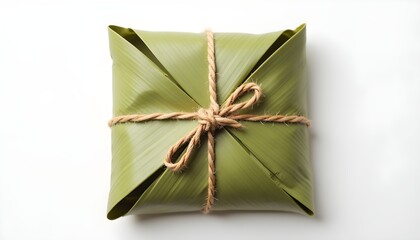A square wrapped in banana leaf with twine tied around it, on a plain white background