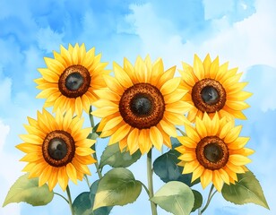 Obraz premium Watercolor sunflowers against a soft sky