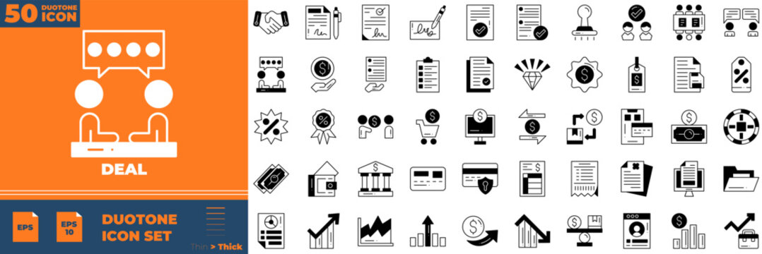 Deal Duotone Editable Icons set. Vector illustration in modern thin duotone style of deal icons: Persuasion Tactics, Closing Strategies, Negotiation Skills, etc