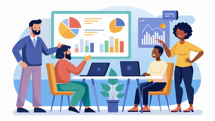 Team discussing charts and graphs in a meeting room
