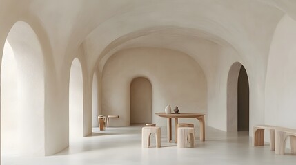 A light-filled interior space with arched openings and wooden furniture.