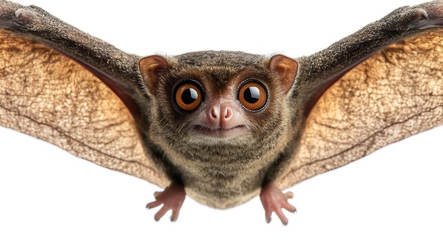 Gliding colugo its large skin flaps spread wide soft fur and gentle face captured in high resolution isolated on a white background