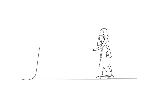 Animated self drawing of continuous one line drawing an arab woman chases a hook with dollar coin attached. Lured by fraudulent investments. National Senior Fraud Awareness Day. Full length animation