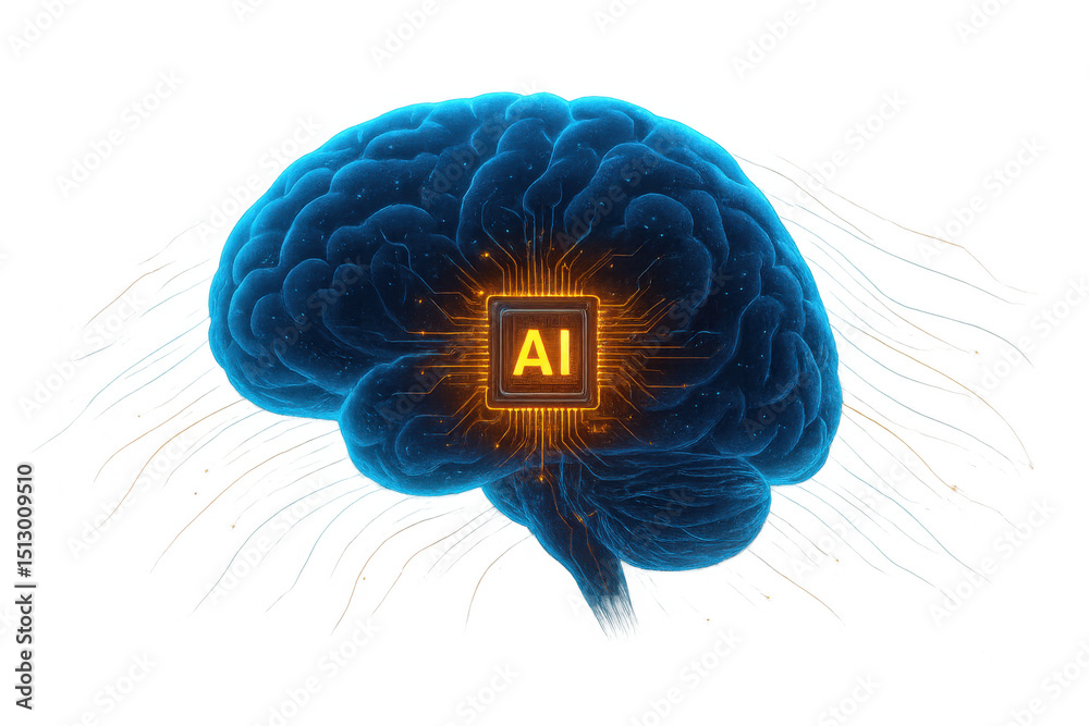 Poster artificial intelligence cpu processing data inside human brain, concept of machine learning and sing