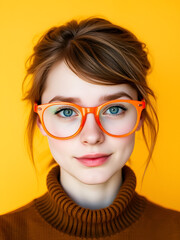 Fototapeta premium Young Caucasian woman with orange glasses, freckles, and yellow background, modern portrait