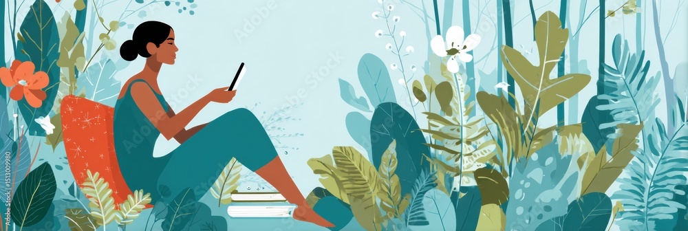 Poster remote worker relaxing and using tablet in a lush garden setting during daytime
