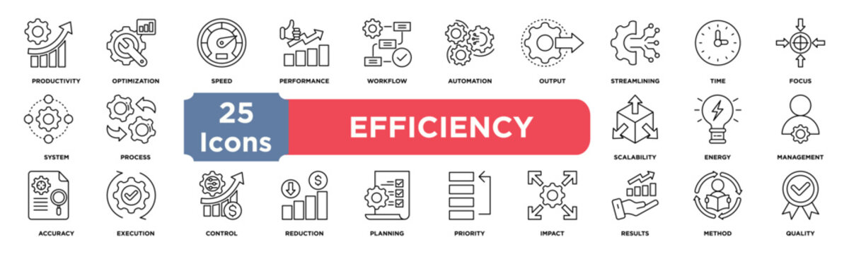 Efficiency icon collection set. Containing productivity,optimization,speed,performance,workflow,automation,output,streamlining,time,focus icon. Simple line vector.	
