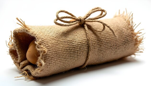 A burlap roll with a string tied around it and an egg inside