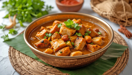 A flavorful Assamese-style curry, featuring tender potatoes and assorted vegetables in a rich, reddish-orange sauce, served in a rustic copper bowl.
