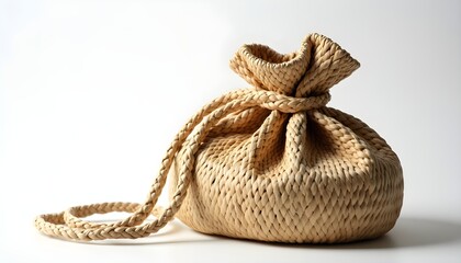 Fototapeta premium A small woven basket with a rope handle on a plain white background
