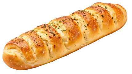 A loaf of garlic bread with herbs and cheese on top   in a studio shot isolated on transparent background