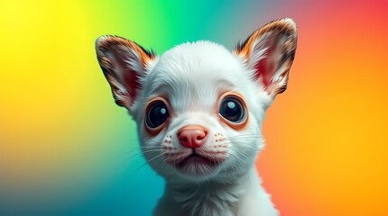 Fototapeta premium A close-up portrait of a small, white chihuahua puppy with large, brown eyes and a pink nose, set against a background of blurred, colorful gradients