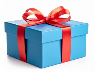 Obraz premium Blue Gift Box with Red Ribbon Holiday or birthday concept isolated white background