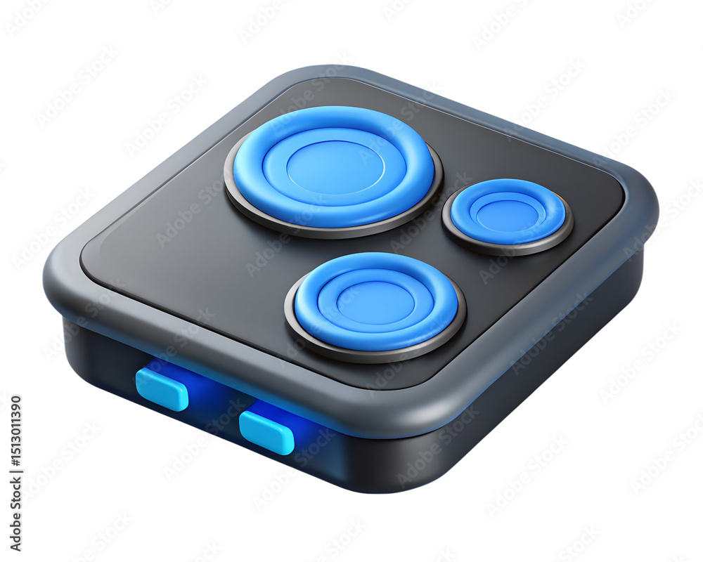 Poster a modern 3d render of a device with blue buttons and circular details displayed with a plastic style