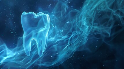 Obraz premium Glowing blue swirl of fluoride molecules bonding to tooth enamel highlighting cavity prevention futuristic clean background