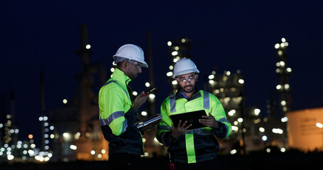 Naklejka premium Two male engineers or technicians wearing white hard hats and high-visibility vests, working with digital tablet outdoors front of factory at night.