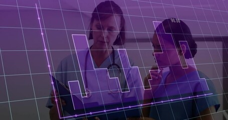 Medical doctor flipping clipboard nurse watching as purple histogram animating decline - Powered by Adobe