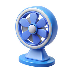 A rendered 3d plastic-style icon depicting a modern electric desk fan in shades of blue on transparent background