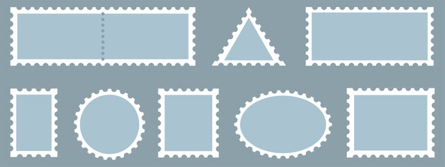 Set of blank Postage stamp frames. Postage frame form, vintage empty postcard stamp frame with perforated border, mail delivery sticker template, philately element. Vector stamps isolated set
