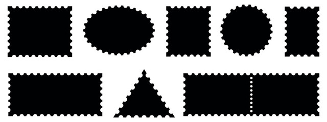 Set of blank Postage stamp frames. Postage frame form, vintage empty postcard stamp frame with perforated border, mail delivery sticker template, philately element. Vector stamps isolated set