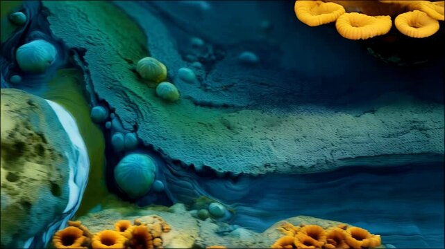 Surreal abstract landscape with orange organic structures, blue orbs, and textured green terrain, evokes a unique planet surface and alien nature.