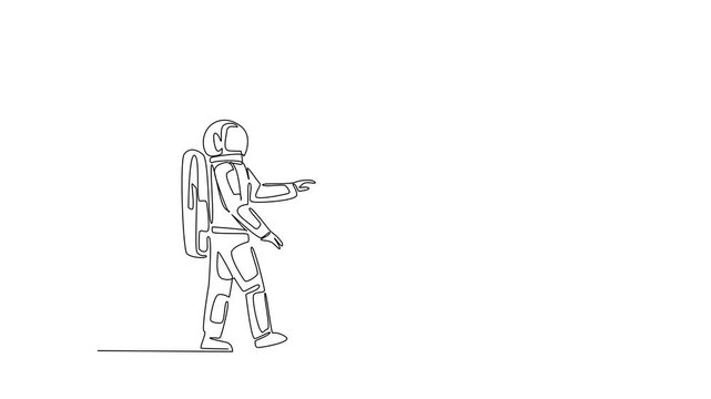 Self drawing animation of single one line drawing astronaut chasing a hook that has dollar bill attached to it. Investing in the wrong place. National Senior Fraud Awareness Day. Full length animated