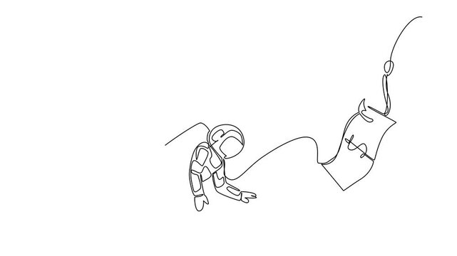 Animation of single continuous line drawing astronaut dives and chases a hook attached to a dollar bill. Diving for false profits. Trap. National Senior Fraud Awareness Day. Full length motion