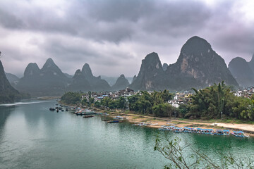 Li River famous nature landscape with cliffs and river, China