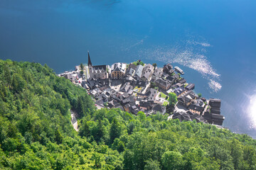 Lake and village landscape aerial view from above, Austria