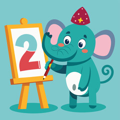 Little elephant painting numbers on canvas with trunk, creative education vector