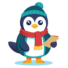 Penguin student in winter outfit holding test paper and smiling, educational cartoon vector