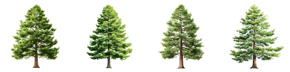 Obraz premium Varied pine tree illustrations showcasing seasonal changes in vibrant green hues, featuring detailed branches, bark textures, and realistic foliage ideal for educational or decorative purposes
