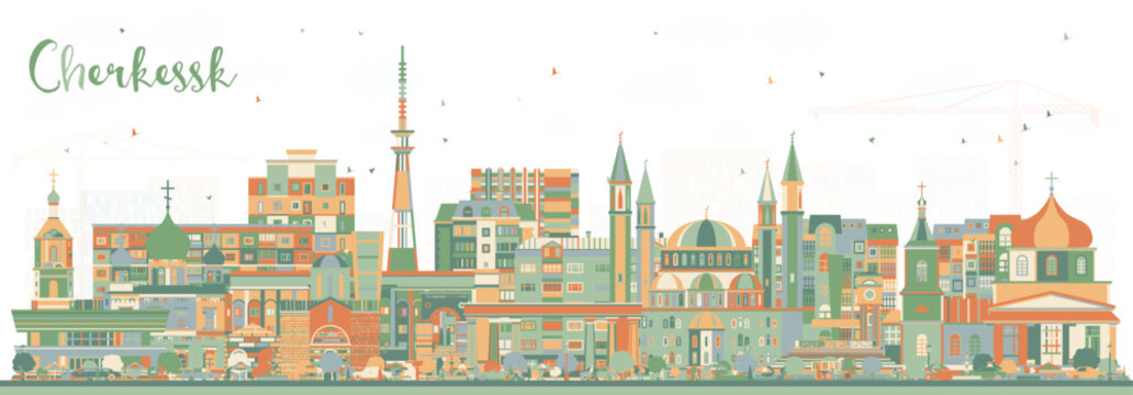 Cherkessk Russia city skyline with color buildings. Illustration. Cherkessk cityscape with landmarks. Business travel and tourism concept with modern and historic architecture.