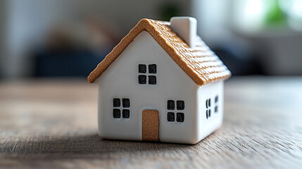 Minimalistic white house model on a blurred neutral background, symbolizing home renovation, remodeling, real estate investment, and housing loans. Clean design with caption space for finance concepts