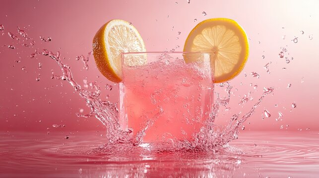 A refreshing splash of summer with a vibrant pink lemonade garnished with citrus slices on a pink gradient background - Powered by Adobe