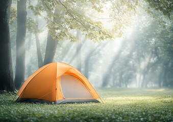 Orange tent in a misty forest