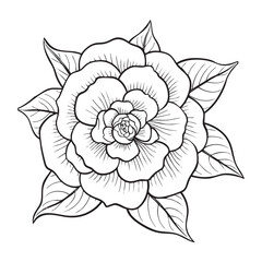 Detailed Rose Flower Coloring Page with Layered Petals and Leaves Illustration