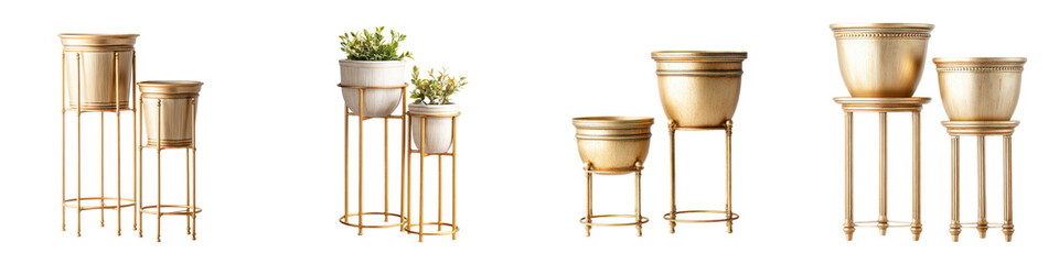 Elegant and modern plant stands in a gold finish, showcasing sleek, minimalist designs with varying heights and sizes, perfect for home decor and enhancing indoor gardens