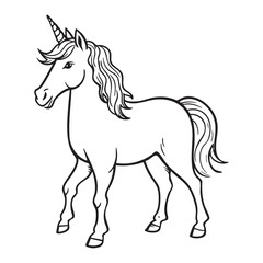 Simple Cartoon Unicorn Coloring Page for Kids with Flowing Mane and Magical Horn