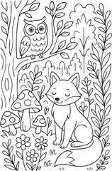Whimsical Forest Scene with Fox and Owl Coloring Page