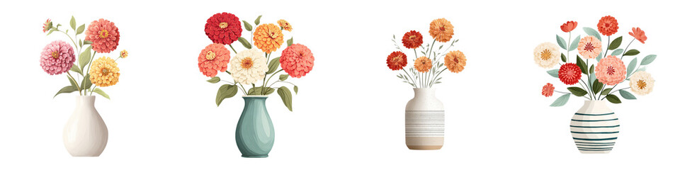 Obraz premium Charming floral arrangements in vibrant hues displayed in decorative vases, showcasing nature's beauty, ideal for home decor, stationery designs, and artistic inspirations