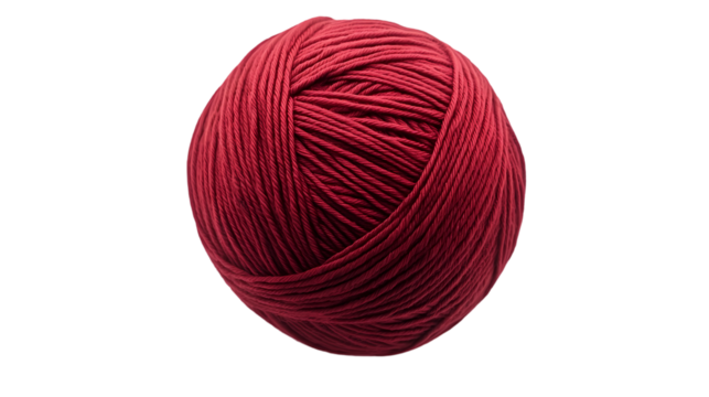 A single ball of dark red yarn neatly wound and centered on a plain  studio shot isolated on transparent background