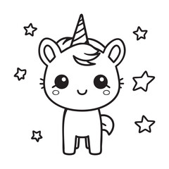 Adorable Cartoon Unicorn with Stars Coloring Page
