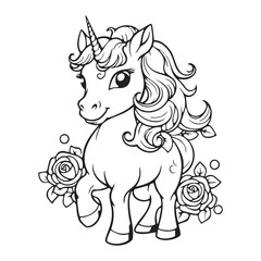 Adorable Cartoon Unicorn with Flowing Mane and Roses Coloring Page for Kids