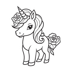 Adorable Cartoon Unicorn with Roses Coloring Page for Kids
