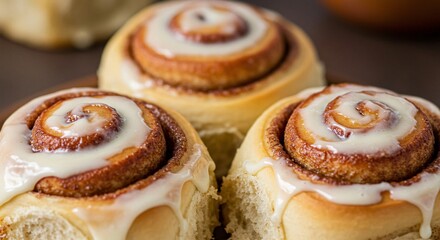 Freshly baked cinnamon rolls with sweet icing swirl on top in a close-up shot